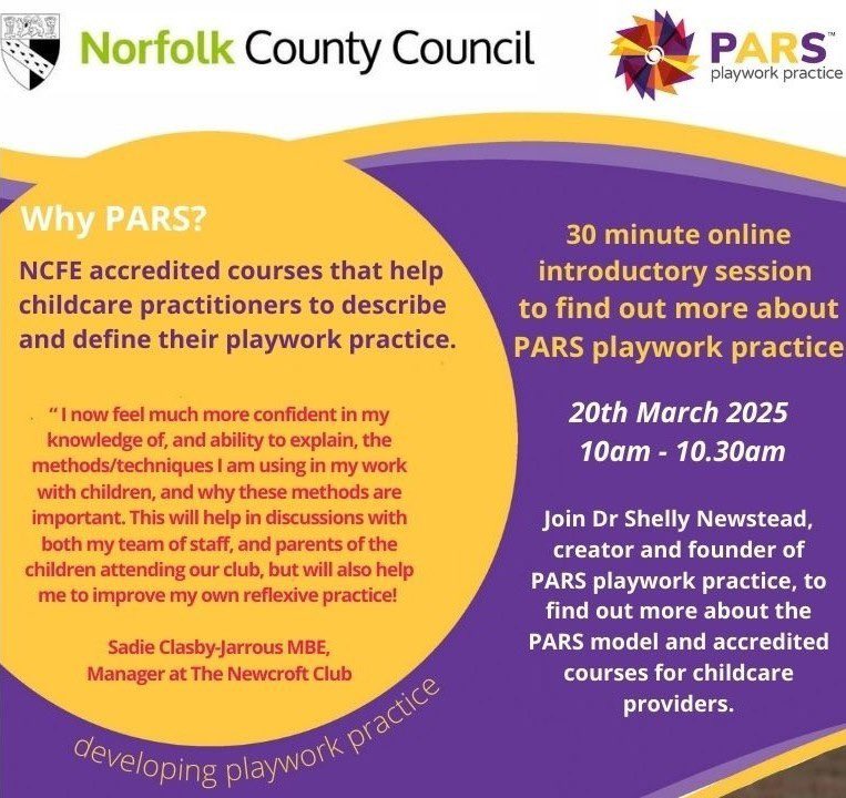 PARS Playwork (@parsplaywork) on Twitter photo Are you a headteacher or manager of a wraparound care service?
Join our 30 minute online introduction session on 20th March to learn about the PARS playwork model and NCFE accredited courses for childcare providers.
Email: pars@commonthreads.org.uk to register
#wraparoundcare Are you a headteacher or manager of a wraparound care service?
Join our 30 minute online introduction session on 20th March to learn about the PARS playwork model and NCFE accredited courses for childcare providers.
Email: pars@commonthreads.org.uk to register
#wraparoundcare