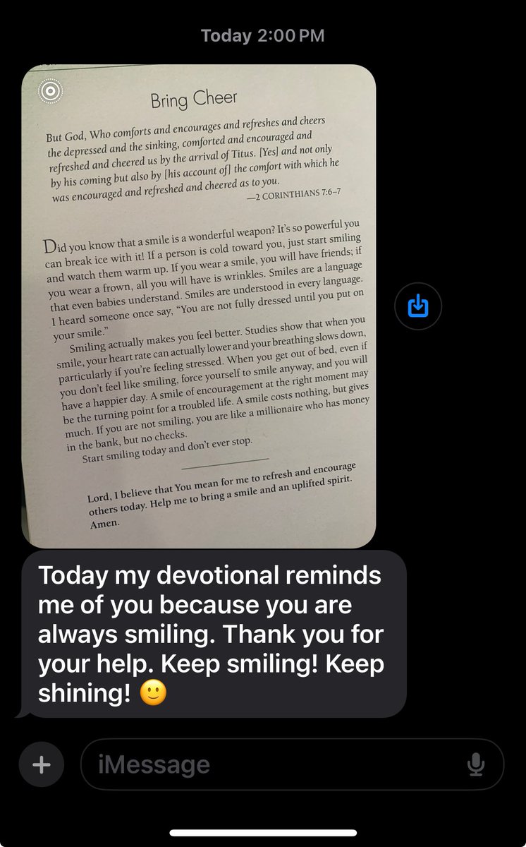 Just received a beautiful devotional from a wonderful teacher reminding me of the power of a smile and helping others. Feeling grateful to be seen this way. Let’s keep spreading joy and kindness! #KindnessMatters #BeKind #SpreadJoy #KeepSmiling