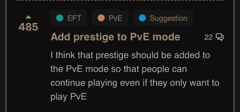 “No one plays pve” “just play the real game”… well this goes to show, a ton of people play pve and also really enjoy it. 

Tarkov friends, even if you only play pvp, help your fellow gamers out and upvote this.

tarkov.community/posts/77/add-p… 

#EscapefromTarkov <a href="/nikgeneburn/">Nikita Buyanov</a>