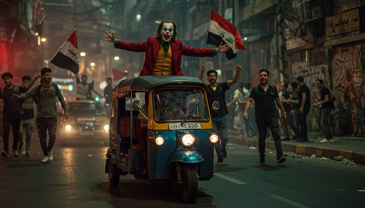 🤡 وسط الأزقة المشتعلة بالغضب، بين هتافات الثائرين وأصوات الطبول التي تدق كأنها نبض الشارع، يقف الجوكر فوق التوك توك، فاتحًا ذراعيه كمن يحتضن الثورة ذاتها! هذه ليست مجرد ليلة أخرى، هذا انفجار صاخب في وجه الظلم، تمرد لا يعرف الخوف، وصرخة بحجم وطن!
🇮🇶🇮🇶🇮🇶🇮🇶
الرايات ترفرف، العيون