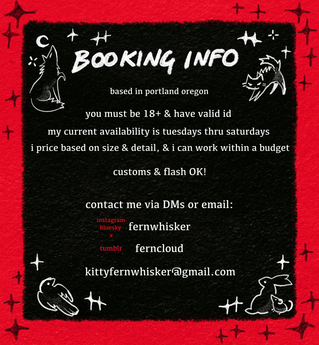 fernwhisker's tweet image. updated booking info (scheduling april for &amp;amp; later)