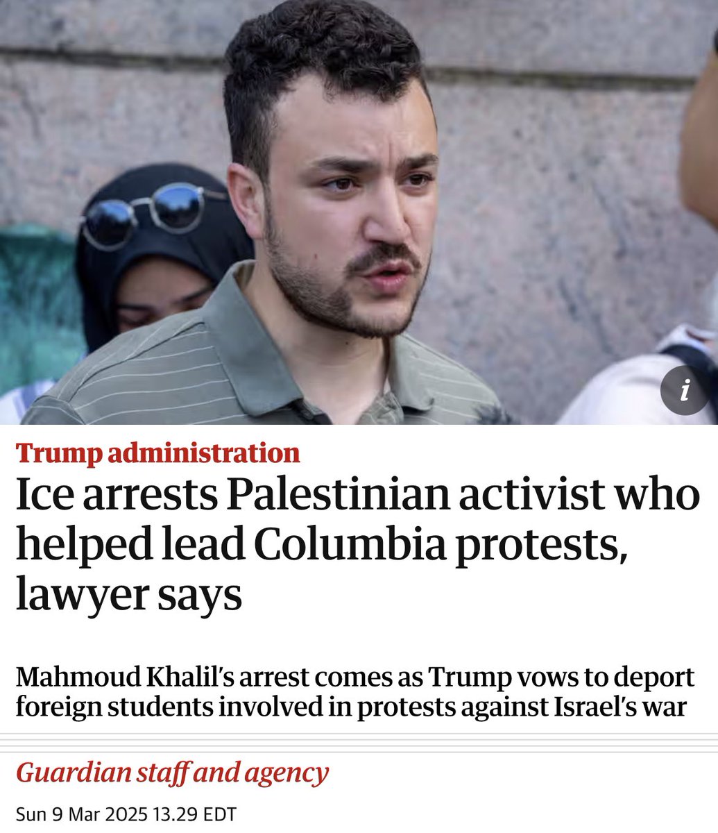 This is fascist as fuck. They are arresting people and revoking their green card for protesting apartheid. Free Mahmoud Khalil.