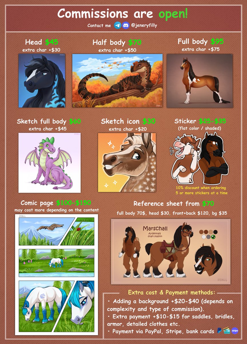 JeneryFilly's tweet image. Commissions are open! (indicated in USD currency)
📖More info - jenery.carrd.co
⏳ Max deadline - 1 month, but I usually manage within 1-2 weeks.
💰 Payment via PayPal, Stripe (+Apple Pay), bank cards.
Contact me via Telegram\Discord for a faster reply (jeneryfilly)🧡