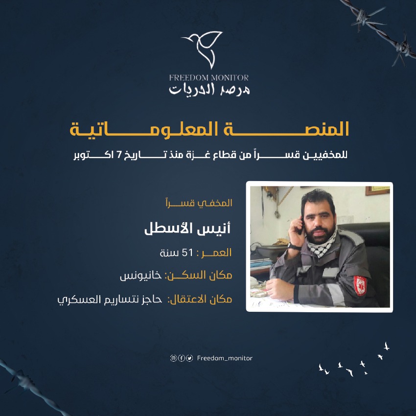 الاسم: أنيس الأسطل
العمر: 51 سنة
مكان السكن: خانيونس
 مكان الاعتقال: حاجز نتساريم العسكري

ندعوكم إلى مشاركة نموذج بيانات المخفيين قسراً مع كل عائلة غزّية تبحث عن أبنائها المخفيين بعد السابع من أكتوبر. تجدون النموذج في البايو.

#مرصد_الحريات