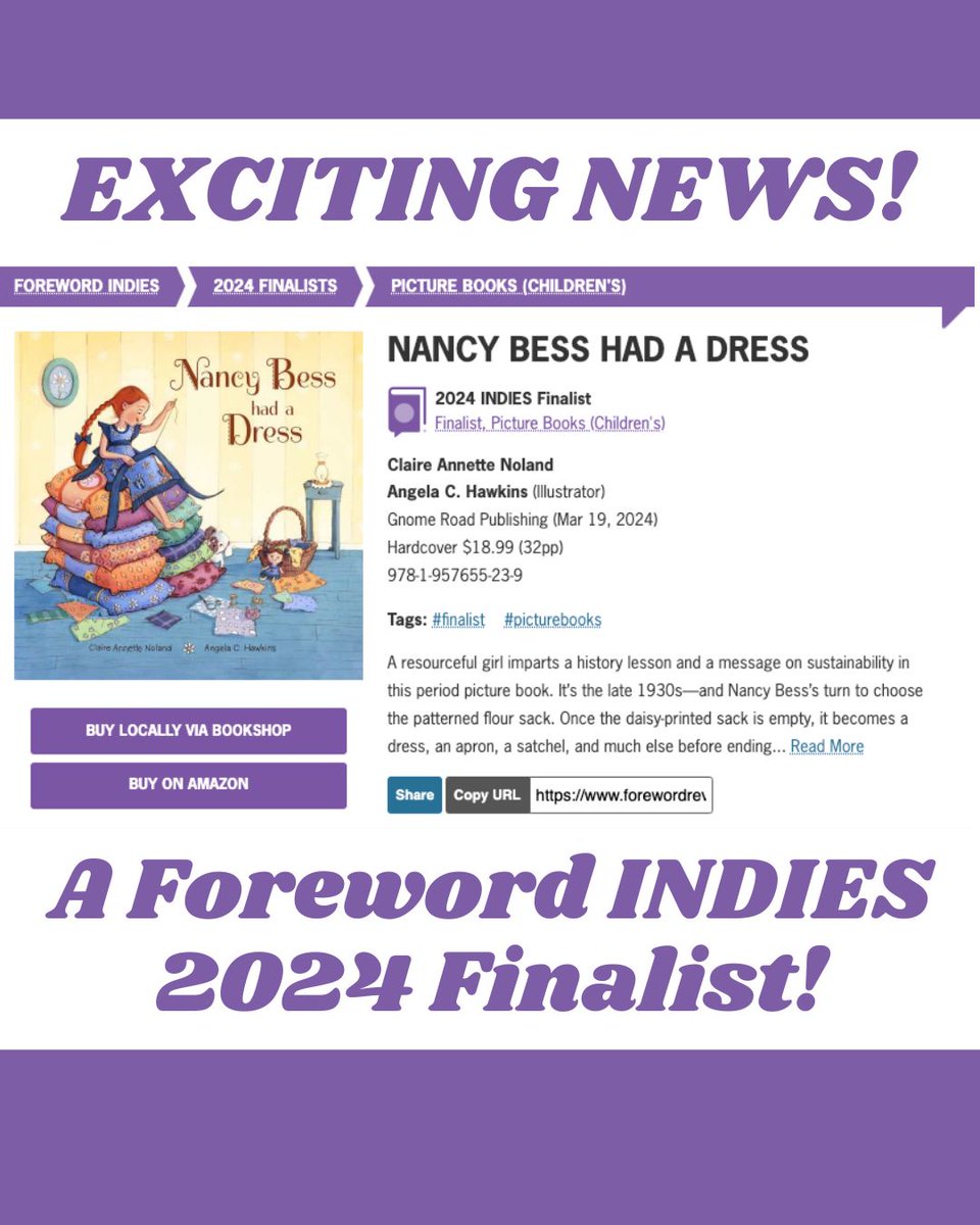 Gnome Road Publishing (@gnomeroadpub) on Twitter photo Congrats to author Claire Noland & illustrator <a href="/hawkins_angelac/">Angela C. Hawkins</a>! NANCY BESS HAD A DRESS is a Foreward INDIES finalist for Picture Book of the Year!
#kidsbooks #picturebook #History #floursacks #sewing #quilting #reading Congrats to author Claire Noland & illustrator <a href="/hawkins_angelac/">Angela C. Hawkins</a>! NANCY BESS HAD A DRESS is a Foreward INDIES finalist for Picture Book of the Year!
#kidsbooks #picturebook #History #floursacks #sewing #quilting #reading