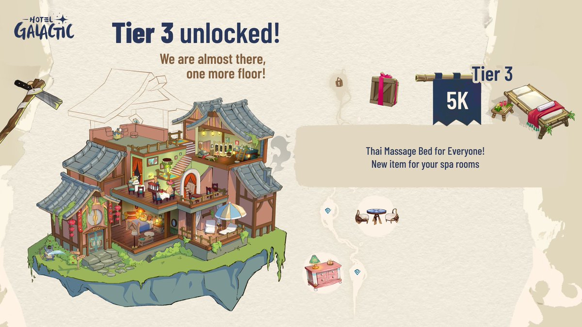 You’ve done it again, Travelers! 😍
We've reached Tier 3 in our Steam Wishlisting Event! Your spa rooms just got an upgrade with a brand-new Thai massage bed. Thank you for helping us bring Hotel Galactic closer to the stars! 🌟