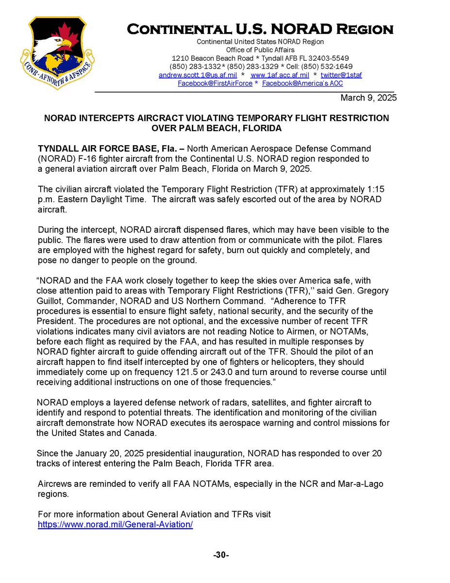 1st AF/America's AOC (@1staf) on Twitter photo For the 2nd time this weekend, <a href="/NORADCommand/">North American Aerospace Defense Command</a> fighters intercepted an aircraft violating the Palm Beach TFR. Flares were deployed during the intercept. The FAA and NORAD urge pilots to check NOTAMs before EVERY flight. #aviation #TFR #PalmBeach For the 2nd time this weekend, <a href="/NORADCommand/">North American Aerospace Defense Command</a> fighters intercepted an aircraft violating the Palm Beach TFR. Flares were deployed during the intercept. The FAA and NORAD urge pilots to check NOTAMs before EVERY flight. #aviation #TFR #PalmBeach