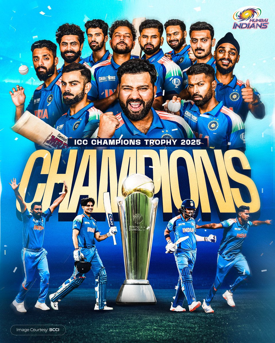 Team India delivers a stellar performance to win the trophy ! A display of skill, determination, and true sportsmanship. The nation celebrates this glorious victory! Congratulations !! 🇮🇳 🏆 💙

#INDvNZ #TeamIndia #ChampionsTrophyFinal #ChampionsTrophy2025