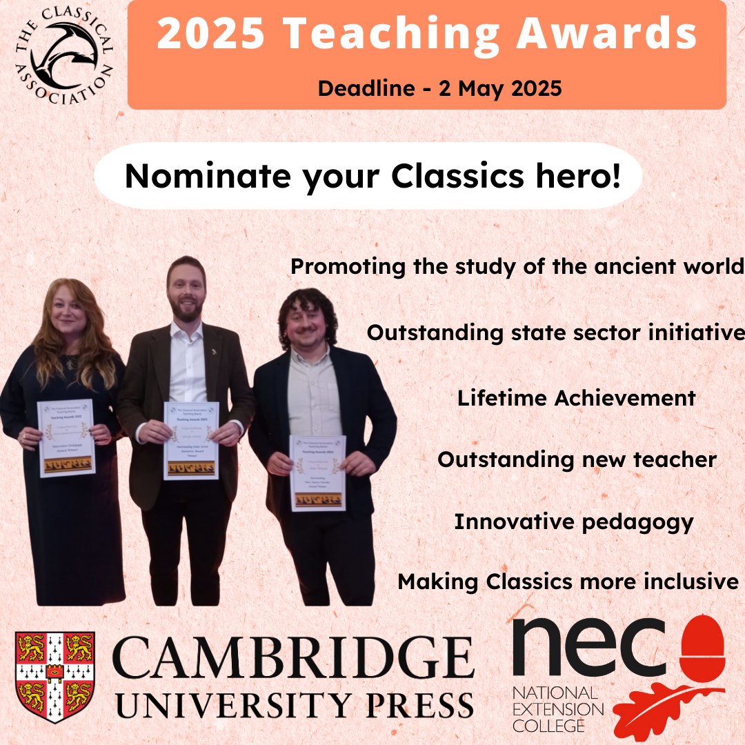 The Classical Association (@classical_assoc) on Twitter photo 🌟Nominate your Classics Teacher🌟
Together with <a href="/CambUP_Classics/">Cambridge University Press - Classics</a> and part-sponsor <a href="/NEC_Education/">National Extension College</a> we're delighted to celebrate brilliant teachers who inspire and support the study of the ancient world in our annual awards!
Make your nomination here: classicalassociation.org/classical-asso… 🌟Nominate your Classics Teacher🌟
Together with <a href="/CambUP_Classics/">Cambridge University Press - Classics</a> and part-sponsor <a href="/NEC_Education/">National Extension College</a> we're delighted to celebrate brilliant teachers who inspire and support the study of the ancient world in our annual awards!
Make your nomination here: classicalassociation.org/classical-asso…