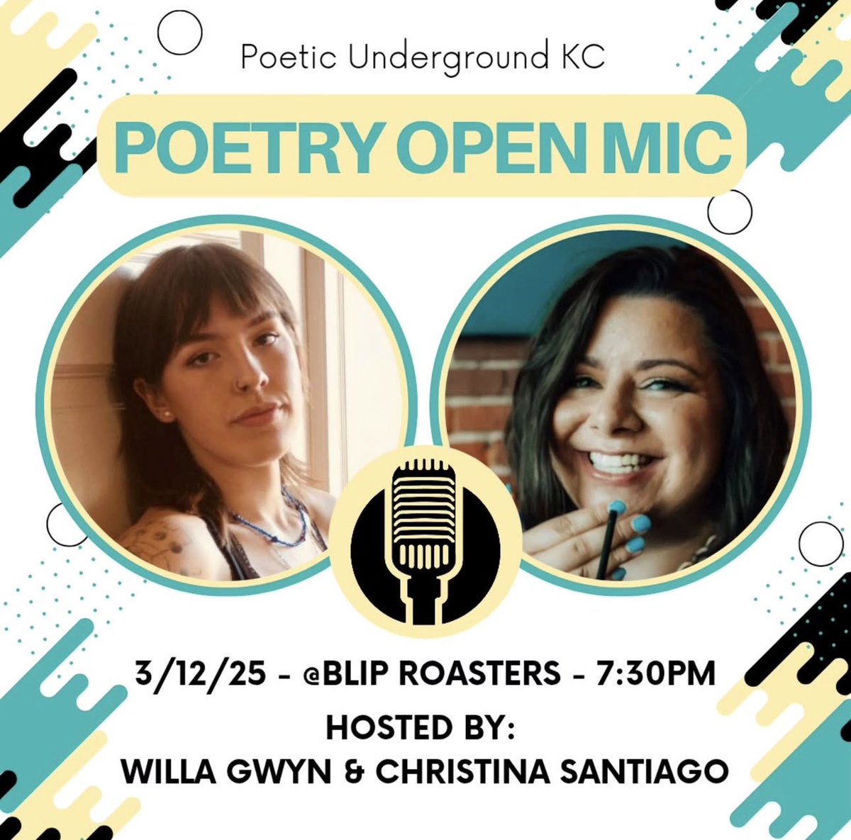 Christina Santiago (@csantiagotv1) on Twitter photo What: <a href="/kansascitypoets/">Poetic Underground KC</a> open mic
Where: <a href="/bliproasters/">Blip Roasters</a>
When: This Wednesday at 7:30pm
Who: Myself & Willa Gwyn as your hosts, you as a poet or audience member
Why: Poetry is dope - duh š
No cover charge?? You canāt afford NOT to come! What: <a href="/kansascitypoets/">Poetic Underground KC</a> open mic
Where: <a href="/bliproasters/">Blip Roasters</a>
When: This Wednesday at 7:30pm
Who: Myself & Willa Gwyn as your hosts, you as a poet or audience member
Why: Poetry is dope - duh š
No cover charge?? You canāt afford NOT to come!