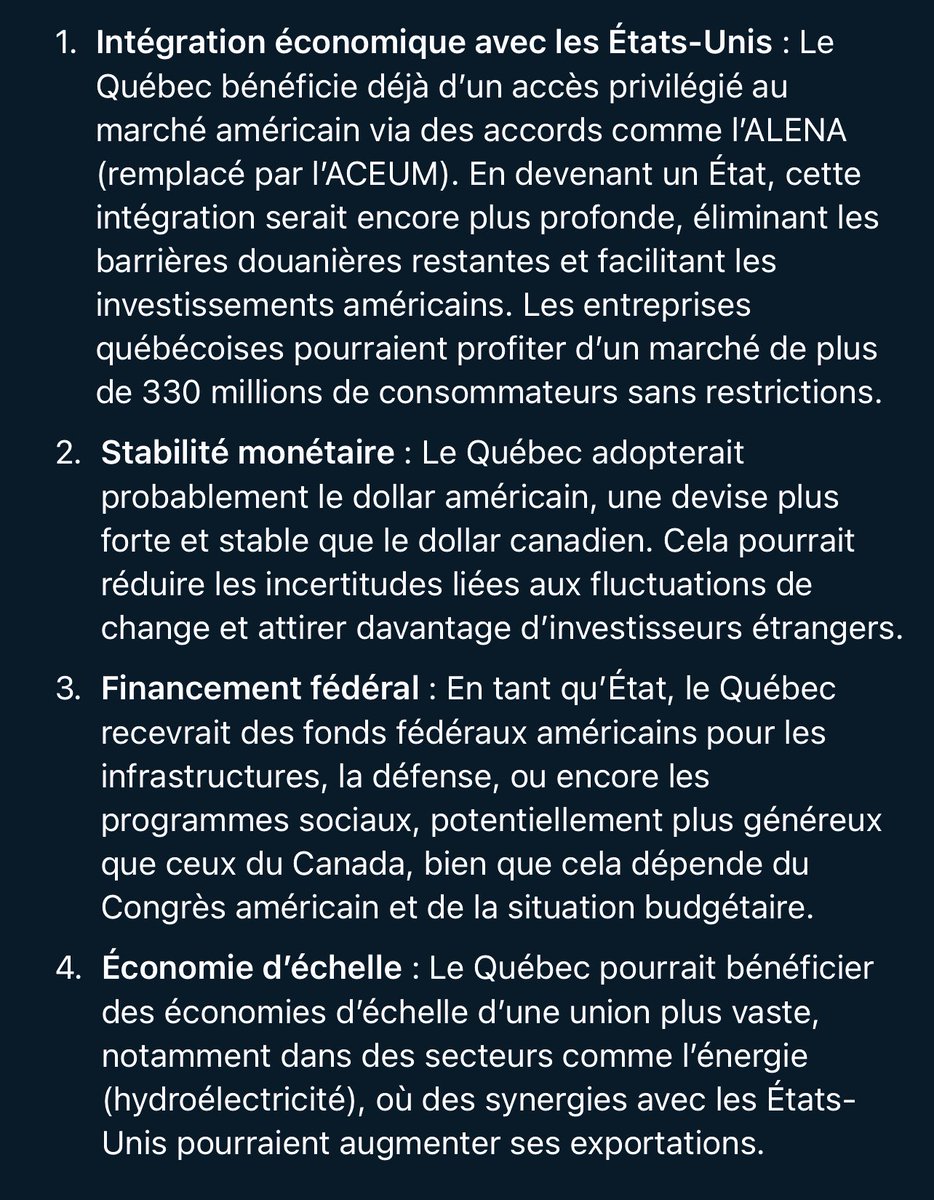 andrearthurciel's tweet image. Salaire moyen aux USA: $76 000.
Salaire moyen au Québec: $55 000.

J’ai demandé à l’intelligence artificielle: 

« Est-ce que le Québec serait plus prospère s’il devenait un état américain? »

Voici la réponse.

*