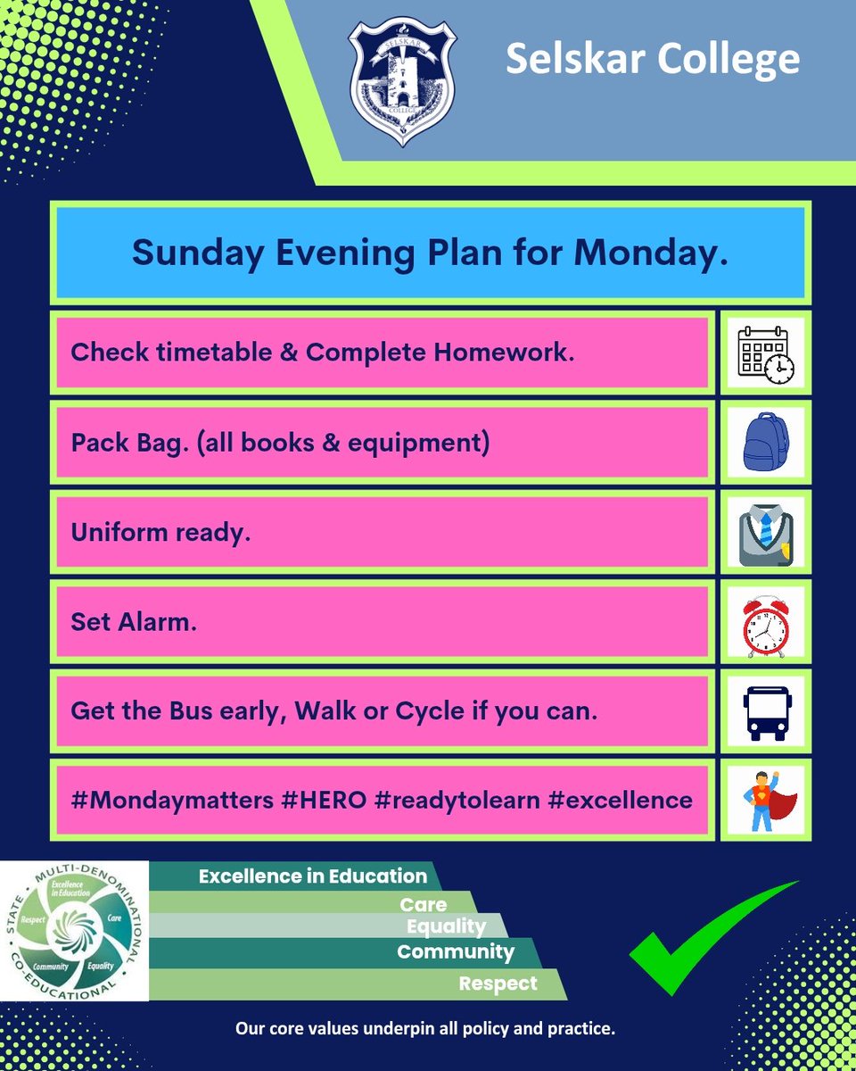 🌟 Monday Matters! 🌟
Let's kick off the week on the right foot.  📚✨
• Pack Your Bag
• Set Your Alarm
• Lay Out Your Full Uniform
• Prepare Your Mind
Arrive on time
Every Monday is a fresh start and a chance to shine! 💪🎒🕰️
#MondayMatters  #ReadyToLearn #HERO