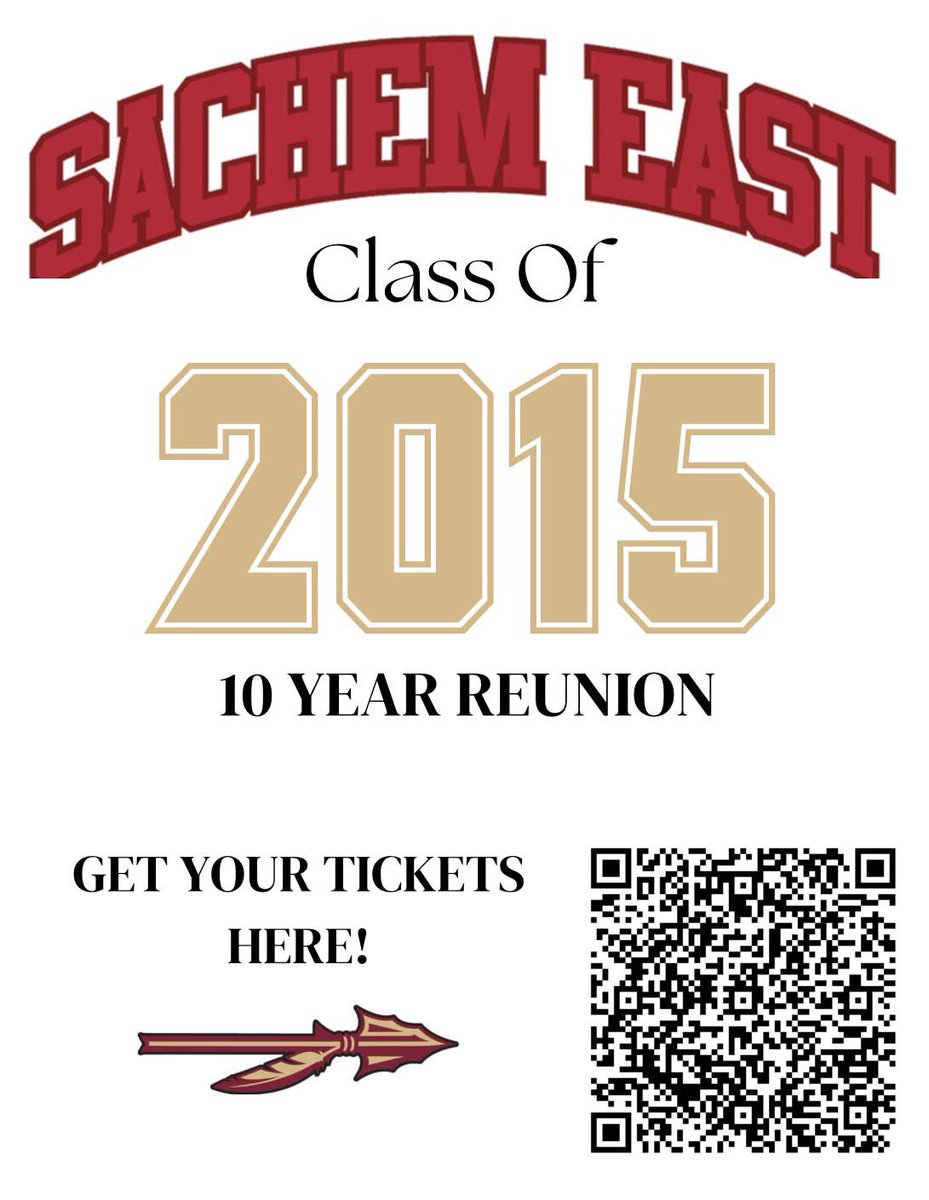 SachemAlumni (@sachemalumni) on Twitter photo Sachem East's Class of 2015 is hosting a 10-year reunion.
Get info and tickets here: sachemeast2015reunion.ticketspice.com/sachem-east-cl…
Reminder: The Sachem Alumni Association does not organize reunions, but we share info when asked! All reunions are spearheaded by members of that graduating class. Sachem East's Class of 2015 is hosting a 10-year reunion.
Get info and tickets here: sachemeast2015reunion.ticketspice.com/sachem-east-cl…
Reminder: The Sachem Alumni Association does not organize reunions, but we share info when asked! All reunions are spearheaded by members of that graduating class.