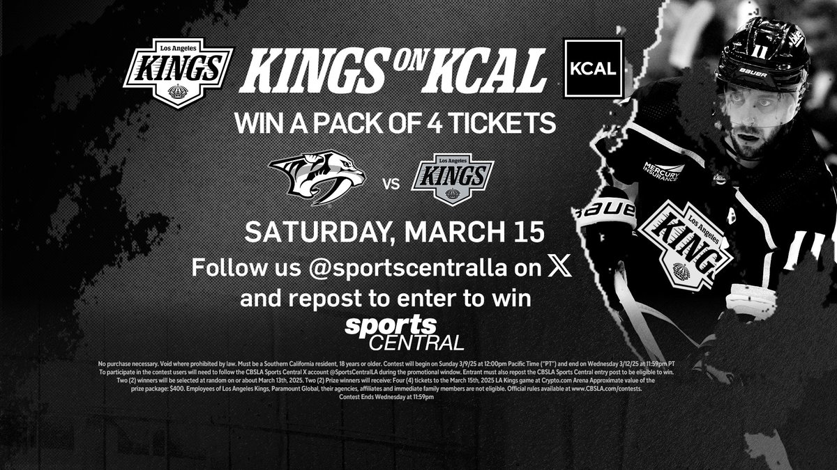 Sports Central LA (@sportscentralla) on Twitter photo 🚨KINGS TICKET GIVEAWAY🚨
We're giving away TWO 4-packs of tickets (+ parking) to this Saturday's #LAKings game at <a href="/cryptocomarena/">Crypto.com Arena</a> vs Nashville at 5pm #GKG
Simply follow us on X AND repost this to be eligible to win
Contest ends Wed. at 11:59pm
Rules: cbsloc.al/3FbvH6X 🚨KINGS TICKET GIVEAWAY🚨
We're giving away TWO 4-packs of tickets (+ parking) to this Saturday's #LAKings game at <a href="/cryptocomarena/">Crypto.com Arena</a> vs Nashville at 5pm #GKG
Simply follow us on X AND repost this to be eligible to win
Contest ends Wed. at 11:59pm
Rules: cbsloc.al/3FbvH6X