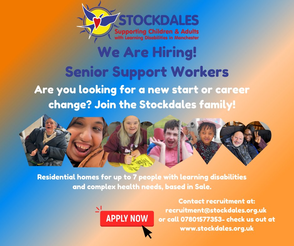 Are you an experienced support worker? Come and join the Stockdales family and become a Care Practitioner, based in Sale, South Manchester. 
#sale #timperley #altrincham #trafford #urmston #wythenshawe #seniorsupportworkers #learningdisabilities