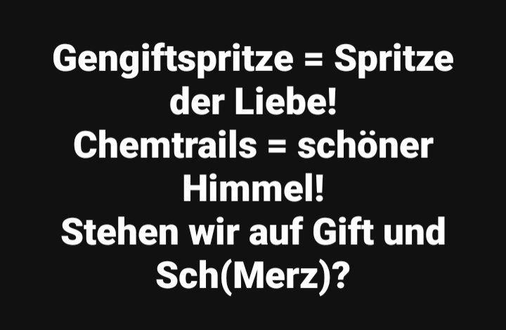 Mentaltrainer1's tweet image. #Gengiftspritze = #Spritze der #Liebe!
#Chemtrails = #schöner #Himmel!
#Stehen wir auf #Gift und Sch(#Merz)? @kleopatra2009 @lebenskraftraum