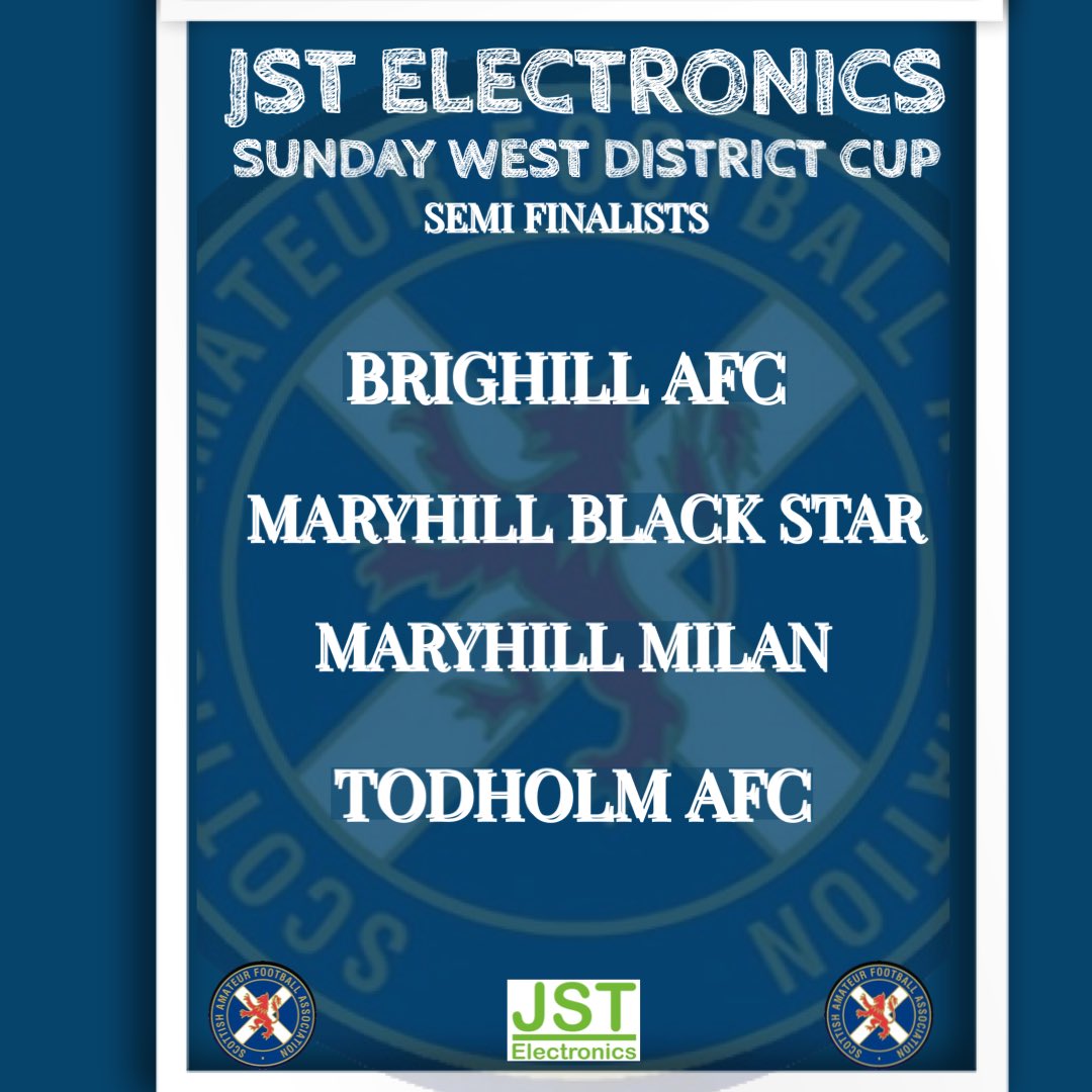Sunday West District Cup (@safawestsunday) on Twitter photo Semi-Finalists ….
Here are our teams who progressed to
JST Electronics Sunday West District Cup Semi Finals
Congratulations to <a href="/todholm/">Todholm Afc</a> <a href="/MBSFC/">Maryhill Blackstar</a> <a href="/BrighillAFC/">Brighill AFC</a> <a href="/FcMaryhill/">Maryhill Milan FC</a> ⚽️🏆
<a href="/ScotAmFA/">Scottish Amateur FA</a> <a href="/scottish_aff/">AmateurFixturesResultsSCO</a> <a href="/AirdireL/">Airdire and coatbridge league</a> <a href="/AsafaLeague/">Ayrshire Sunday Amateur FA</a> <a href="/GDSFC2008/">GDSFC</a> Semi-Finalists ….
Here are our teams who progressed to
JST Electronics Sunday West District Cup Semi Finals
Congratulations to <a href="/todholm/">Todholm Afc</a> <a href="/MBSFC/">Maryhill Blackstar</a> <a href="/BrighillAFC/">Brighill AFC</a> <a href="/FcMaryhill/">Maryhill Milan FC</a> ⚽️🏆
<a href="/ScotAmFA/">Scottish Amateur FA</a> <a href="/scottish_aff/">AmateurFixturesResultsSCO</a> <a href="/AirdireL/">Airdire and coatbridge league</a> <a href="/AsafaLeague/">Ayrshire Sunday Amateur FA</a> <a href="/GDSFC2008/">GDSFC</a>