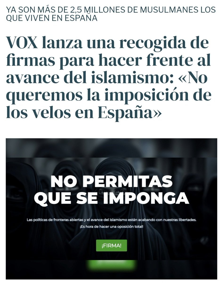 ... Vox lanza una campaña de recogida de firmas para parar la imposición de velo en España... Estas de acuerdo???... Si es que si, Retuitea para darle difusión...