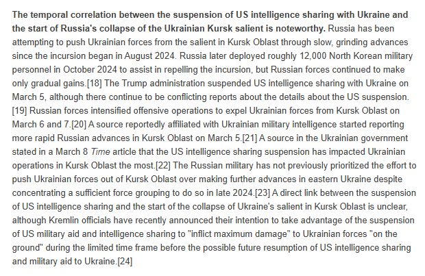 3/ A direct link between the suspension of US intelligence sharing and the start of the collapse of Ukraine's salient in Kursk Oblast is unclear, although Kremlin officials have recently announced their intention to take advantage of the suspension of US military aid and