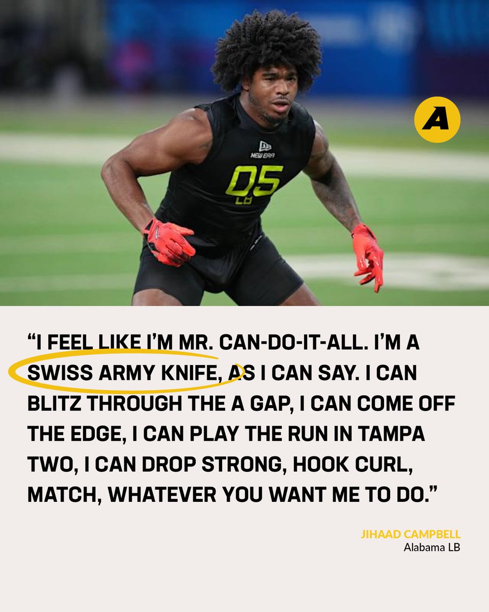 AtavusFootball's tweet photo. The NFL Combine is the ultimate job interview, testing both physical skills and football IQ. Jihaad Campbell is proving he’s built for today’s game—versatile, relentless, and ready to do whatever it takes. 💪🏈
#NFLCombine #SwissArmyKnife #Versatility #Tackling #Atavus https://t.co/Chkysm9cX2