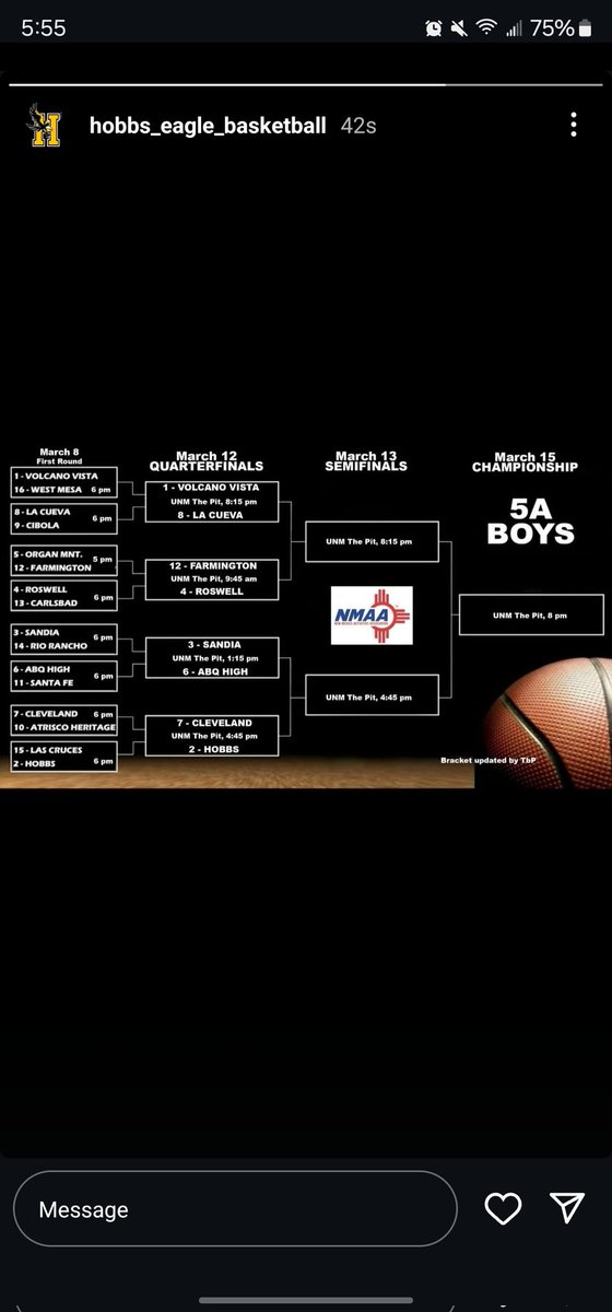 Parker Henderson (@pksome77) on Twitter photo Coaches, here is the schedule for NM State Tournament at <a href="/UNM/">Univ. of New Mexico</a> #thepit next week. Hope to see you there for the quarterfinals.
<a href="/HobbsBasketball/">Hobbs Eagles Basketball</a> #1gameatatime Coaches, here is the schedule for NM State Tournament at <a href="/UNM/">Univ. of New Mexico</a> #thepit next week. Hope to see you there for the quarterfinals.
<a href="/HobbsBasketball/">Hobbs Eagles Basketball</a> #1gameatatime