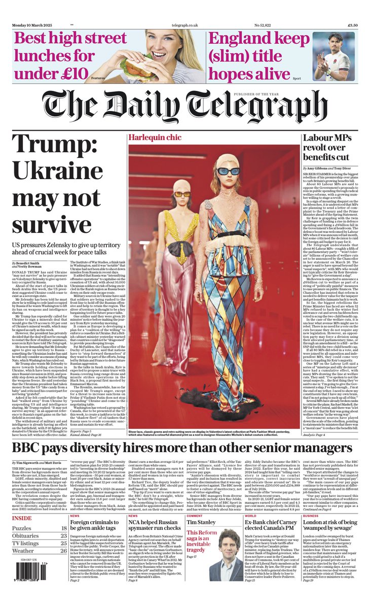 The front page of today’s Daily Telegraph:

‘Trump: Ukraine may not survive’

#TomorrowsPapersToday