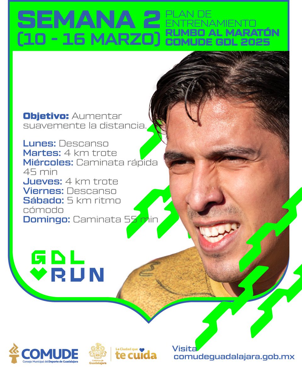 Maraton_Gdl's tweet photo. 👩‍🏫 Te compartimos el plan de entrenamiento de la segunda semana rumbo al Maratón Guadalajara 2025. 🏃‍♀️🏃 Sigue este plan y progresa de manera gradual hasta conquistar los 42K. Prepárate con nosotros! 📲https://t.co/NNbYWIJobn
#GdlRun #MaratónGDL https://t.co/4lqMbdrR4h