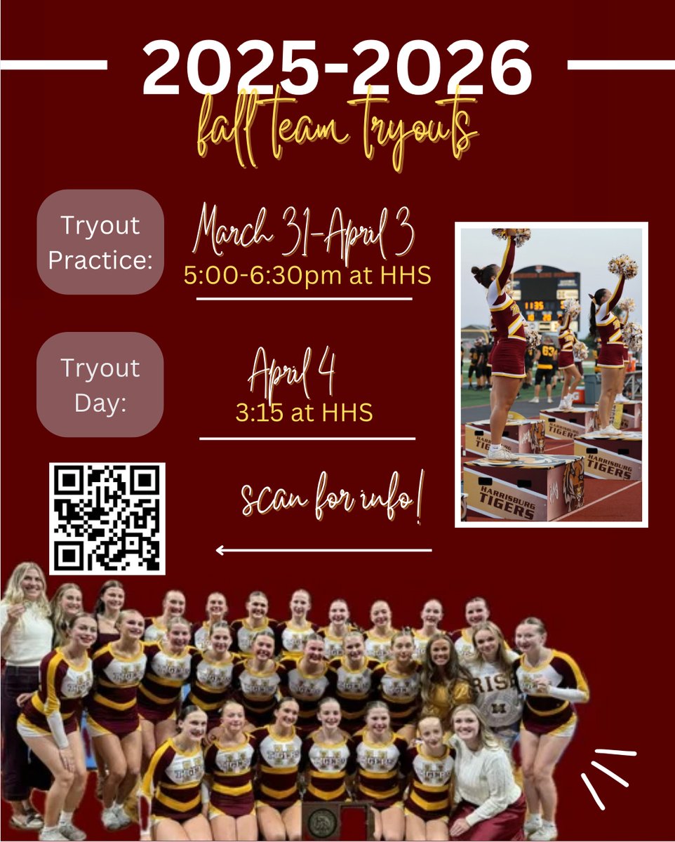 Thinking about joining the HHS Cheer Program?  Save these try-out dates &amp; we’ll see you soon!  Registration and information can be found here: linktr.ee/hhs.cheer