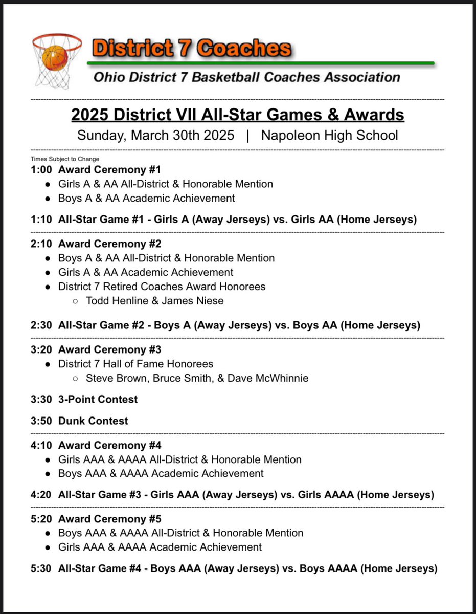 NOD7BCA's tweet photo. We are 3 weeks away from our All Star Games and Awards!!! 

Sunday, March 30th
Napoleon High School
$6 Admission

Pictures below include the schedule of events as well as which teams will be playing at which times. Rosters will be finalized soon! https://t.co/uRcLpmTQl5