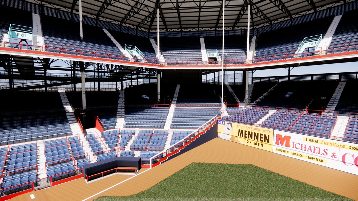 SportsBandbox's tweet photo. Testing a couple ad panels in the left field corner at Ebbets Field. Had to include the short-lived, but memorable Mennen Character. #Brooklyn #Dodgers #EbbetsField #ByMennen #Michaels https://t.co/XlaZDiQl2S