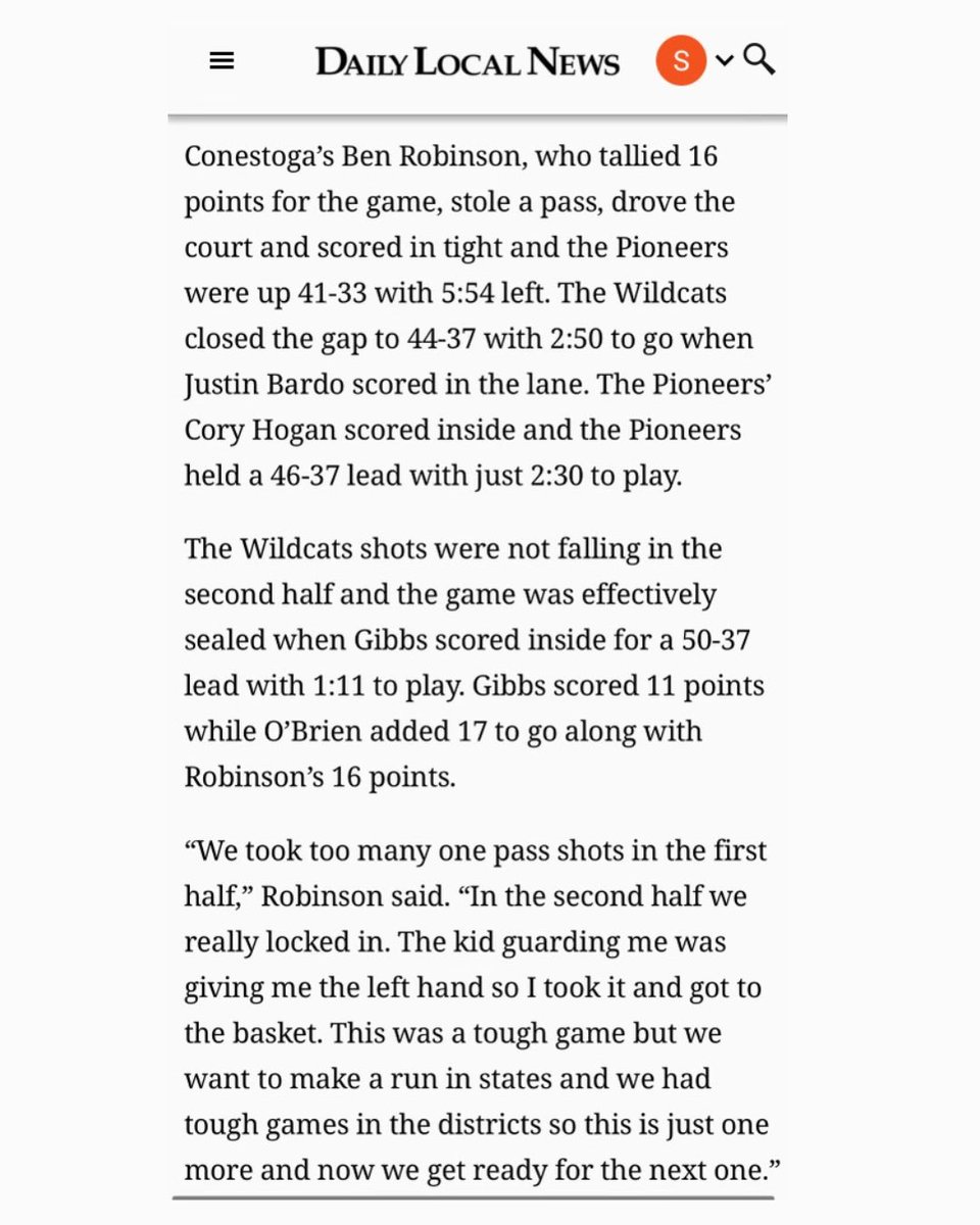 Conestoga Boys Basketball (@conestogaball) on Twitter photo 3/8 Daily Local News Article covering the Pioneers win over Mechanicsburg in Game 1 of PIAA 6A States. <a href="/rowan2miller/">Rowan Miller</a> <a href="/samgibbs_23/">Sam Gibbs</a> <a href="/BenRobinson272/">Ben Robinson</a> <a href="/ShaneOB14526409/">Shane O’Brien</a> <a href="/coryhogan2026/">Cory Hogan</a> 3/8 Daily Local News Article covering the Pioneers win over Mechanicsburg in Game 1 of PIAA 6A States. <a href="/rowan2miller/">Rowan Miller</a> <a href="/samgibbs_23/">Sam Gibbs</a> <a href="/BenRobinson272/">Ben Robinson</a> <a href="/ShaneOB14526409/">Shane O’Brien</a> <a href="/coryhogan2026/">Cory Hogan</a>