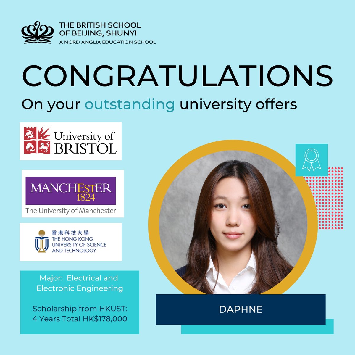 BSB_Shunyi's tweet image. Congratulate Daphne who received multiple offers to study Electrical and Electronic Engineering.
Daphne joined BSB in Year 5 and said that “BSB has a very welcoming atmosphere, and students feel they belong here.”
tinyurl.com/3fzdkfaa
#BSBShunyi #NAEAchiever #Class of 2025