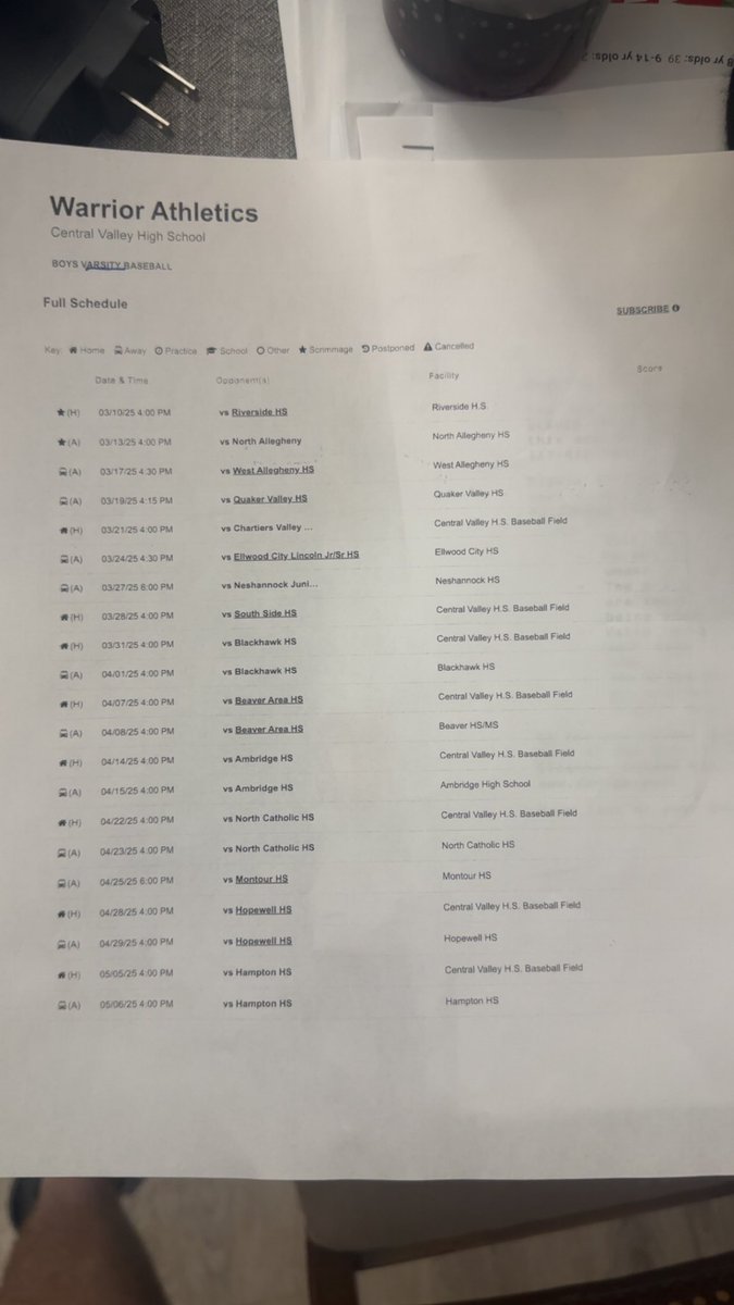 2025 Varsity Baseball Schedule