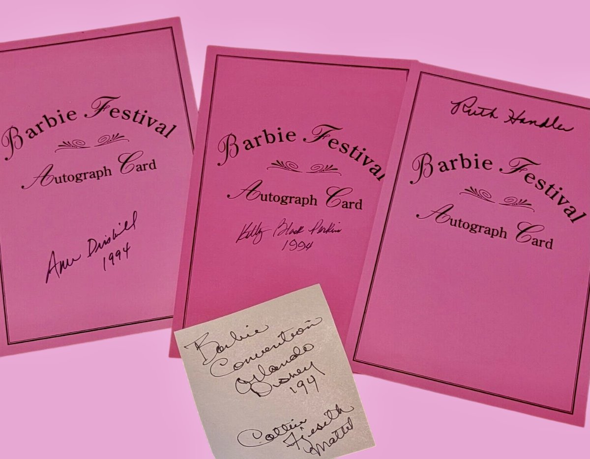staytoonedfolks's tweet image. Celebrating 66 years of Barbie! 🩷
Mattel’s 35th Anniversary 1994 Barbie Festival autograph cards  hand-signed by Ruth Handler, Kitty Black Perkins &amp;amp; Ann Driskill are from our collection.
#Barbie #Mattel #RuthHandler #KittyBlackPerkins #AnnDriskill #WomensHistoryMonth #BarbieDay