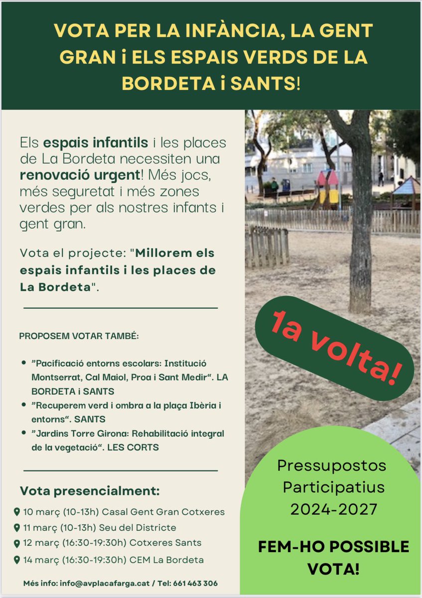 DanielSererols's tweet photo. 📢 बार्सिलोना के #ParticipatoryBudgets के लिए वोट करें!
अगर आप बार्सिलोना शहर और #Sants जिले से प्यार करते हैं, तो हम आपको "ला बोर्डेटा में बच्चों के खेल क्षेत्र और प्लाज़ा को बेहतर बनाने" परियोजना का समर्थन करने के लिए आमंत्रित करते हैं। 🌳🏡👧👦 👶🏻 🧒🏽 👧🏿 👩🏽🦱 👵🏿 👴🏽 (Millorem els Espais Infantils i les Places de La Bordeta)
हमारे भागीदारी परियोजना का समर्थन करें, समुदाय का हिस्सा महसूस करें, और किसी महत्वपूर्ण पहल का हिस्सा बनें।
🗳 व्यक्तिगत रूप से मतदान कहाँ करें?
📍 10 मार्च (सुबह 10 बजे - दोपहर 1 बजे) Casal Gent Gran Cotxeres de Sants
📍 11 मार्च (सुबह 10 बजे - दोपहर 1 बजे) जिला मुख्यालय (Creu Coberta, 104)
📍 12 मार्च (शाम 4:30 बजे - रात 7:30 बजे) Cotxeres de Sants
📍 14 मार्च (शाम 4:30 बजे - रात 7:30 बजे) CEM La Bordeta - Plaça Farga
✅ मतदान करने के लिए आपको बस 14 वर्ष से अधिक आयु का होना चाहिए और बार्सिलोना में पंजीकृत होना चाहिए, चाहे आपकी राष्ट्रीयता कुछ भी हो।
📧 कोई प्रश्न है? हमसे संपर्क करें: info@avplacafarga.cat
💙 इस पोस्ट को साझा करके हमें संदेश फैलाने में मदद करें! आपका धन्यवाद!
#LaBordeta #ParticipacióCiutadana #Infància #EspaiPúblic #Barcelona #Sostenibilitat #MilloremLaBordeta
@decidim_barcelona @bcn_ajuntament @sants3radio @onadesants