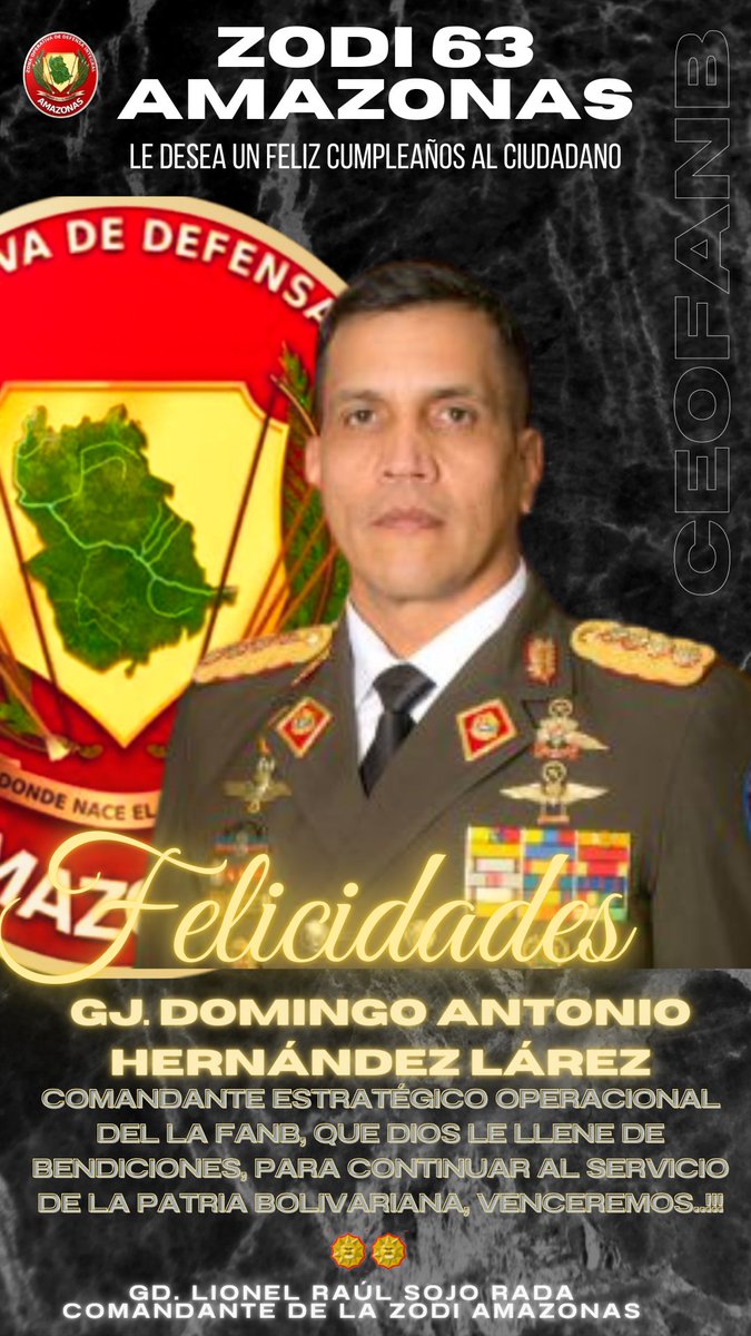 El comando de la ZODI AMAZONAS se llena de jubilo al felicitar el GJ <a href="/dhernandezlarez/">GJ. Domingo Hernández Lárez</a> por arribar a un año más de feliz existencia al servicio de la patria Bolivariana...!!! Que Dios le de salud y vida para compartir con sus seres queridos...!!!