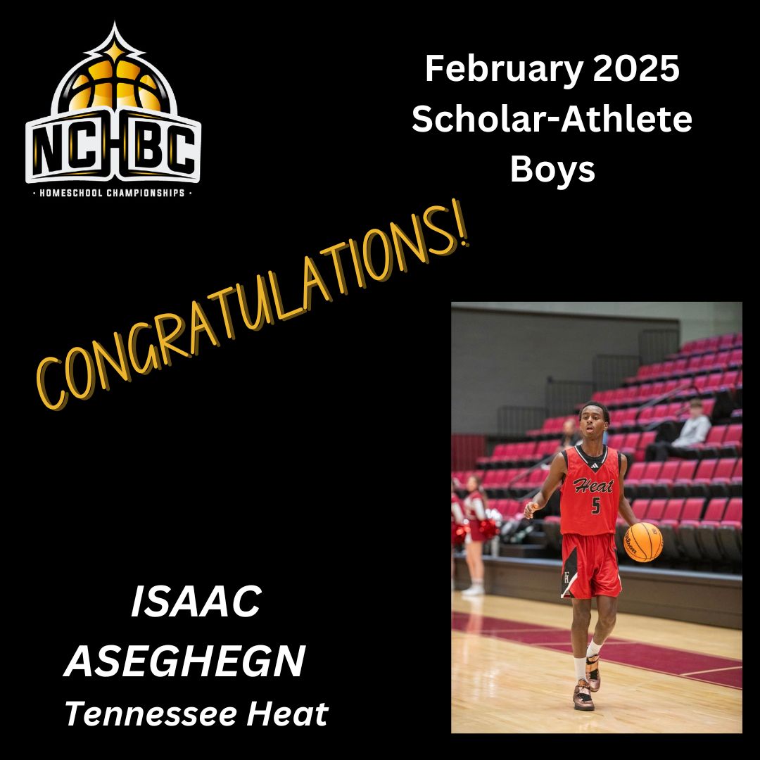 Announcing February 2025 #NCHBC Boys Scholar-Athlete of the month!

Congratulations to...

ISAAC ASEGHEGN (Tennessee Heat)

Isaac is on track to graduate early, possesses a 4.0 GPA, scored a 34 on his ACT, and recently received a full scholarship offer to Rhodes College. Rhodes