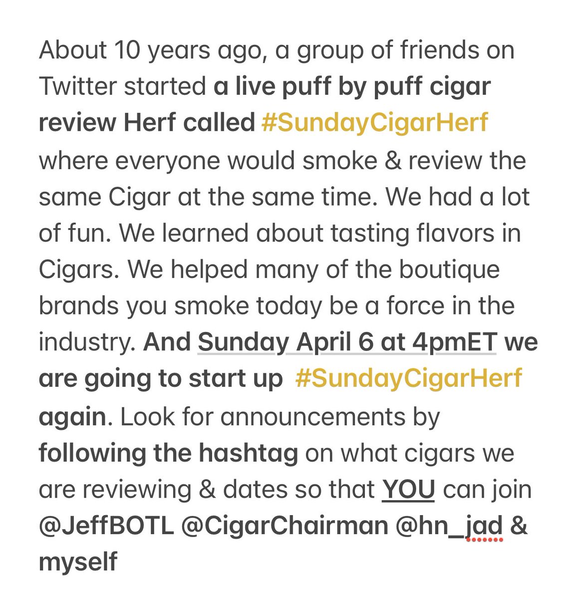 Robusto Cigar Babe (@robustobabe) on Twitter photo Comment YES if you’d like info on how to join #SundayCigarHerf April 6th with <a href="/JeffBOTL/">JeffBOTL</a> <a href="/CigarChairman/">Stephen LaPre,Sr</a> <a href="/HN_JAD/">Houston-JD</a> & I reviewing <a href="/AJFcigars/">AJF Cigar Co. ★ Portfolio ★</a> Dorado Robusto <a href="/writercimasuda/">Charlie Masuda</a> <a href="/Mike_W_Simpson/">The Mentor</a> @tnherfin <a href="/PistolCliff/">Cliff Wilson</a> <a href="/daniel4742/">Daniel in Tempe</a> <a href="/sctworthy/">Scott Worthington</a>
<a href="/greggwriter/">Collector Writer</a> <a href="/supercigardave/">Super Dave</a> @eyegravee Comment YES if you’d like info on how to join #SundayCigarHerf April 6th with <a href="/JeffBOTL/">JeffBOTL</a> <a href="/CigarChairman/">Stephen LaPre,Sr</a> <a href="/HN_JAD/">Houston-JD</a> & I reviewing <a href="/AJFcigars/">AJF Cigar Co. ★ Portfolio ★</a> Dorado Robusto <a href="/writercimasuda/">Charlie Masuda</a> <a href="/Mike_W_Simpson/">The Mentor</a> @tnherfin <a href="/PistolCliff/">Cliff Wilson</a> <a href="/daniel4742/">Daniel in Tempe</a> <a href="/sctworthy/">Scott Worthington</a>
<a href="/greggwriter/">Collector Writer</a> <a href="/supercigardave/">Super Dave</a> @eyegravee