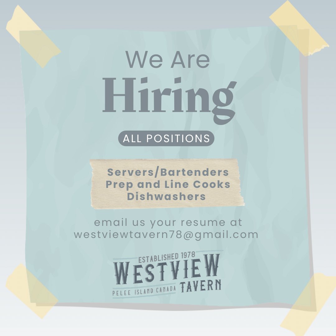 Job openings available for all season (May-November) Don’t pass up this opportunity to live and work (and play 🤭) on Pelee Island! Staff housing is provided.

If you or someone you know is right for the position, please send a resume to:
westviewtavern78@gmail.com

#peleeisland
