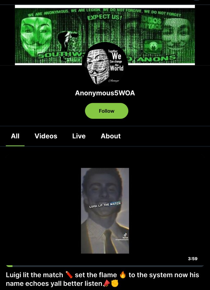 Anonymous5WOA's tweet image. #LuigiMangione #FreeLuigiMangione #Deny #Defend #Depose #EatTheRich

🔥Share this everywhere🔥

YT took down my content. I uploaded to Rumble. Enjoy🤪✊

“Luigi lit the match🧨 set the flame🔥to the system…now his name echoes. y’all better listen”📢✊

rumble.com/v6qe4qm-luigi-…