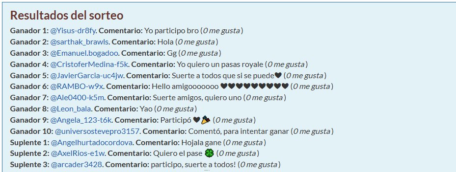 🚨GANADORES DEL SORTEO🚨

⚔️Ganador nº1-5: Emote exclusivo Berserker
🎟️Ganador nº6-10: Pass Royale
3 suplentes (por si alguien no reclama su premio)

⚠️Todos los ganadores deben ponerse en contacto conmigo⚠️

🚨PRÓXIMO SORTEO🚨 
📅En 3 semanas
🏆4 Pass Royale