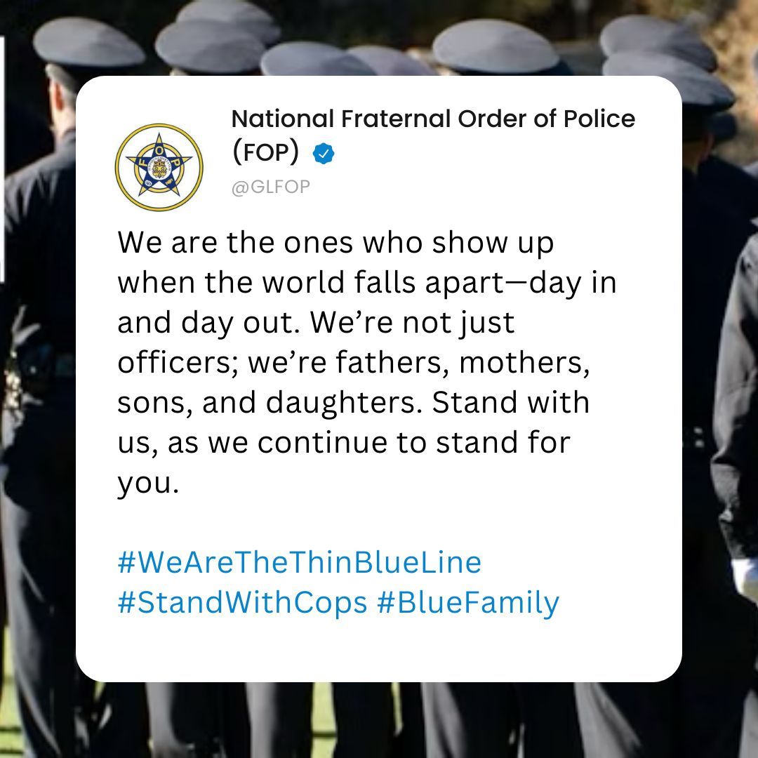GLFOP's tweet photo. We are the ones who show up when the world falls apart—day in and day out. We’re not just officers; we’re fathers, mothers, sons, and daughters. Stand with us, as we continue to stand for you. 

#WeAreTheThinBlueLine #StandWithCops #BlueFamily #NFOP #FOPFamily #FOPStrong https://t.co/QaQProowZh