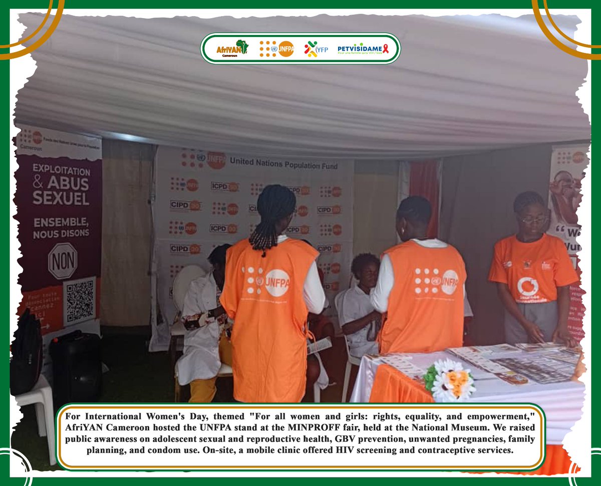 AfriYAN🇨🇲 celebrated Int'l Women's Day with <a href="/UNFPACameroon/">UNFPA au Cameroun</a>!  We engaged the community on SRHR, GBV &amp; more.Our mobile clinic provided #HIV screening &amp; contraceptive services.Empowering women &amp; girls for a healthier future! 
#IWD2025 
 #GBVPrevention
#PutYoungPeopleFirst
<a href="/bodyright/">Dr Janie Rogerson</a>