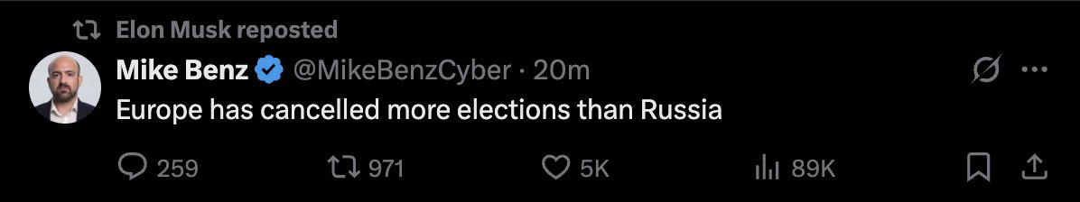 We have reached peak misinformation and corrosive populism. People on X boosted making ridiculous claims implying that Russia is being more democratic then Europe. Which is untrue, in Russia opponents die, journalists who criticise the regime die.

freedomhouse.org/country/russia
