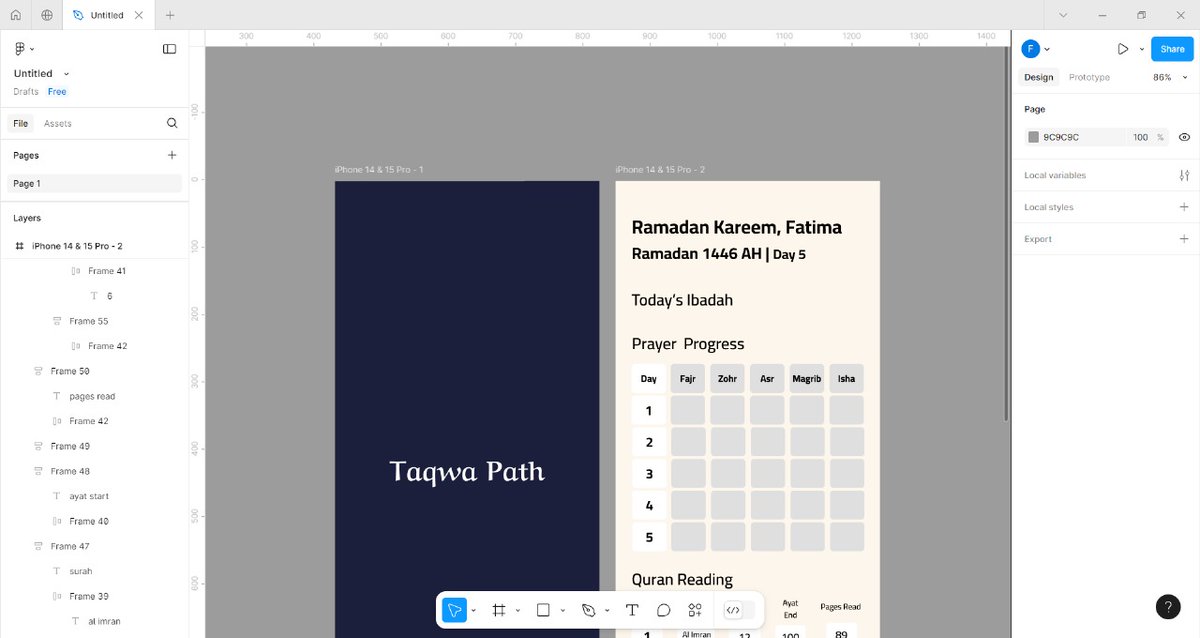 TheUXZehra's tweet photo. Glimpse of my UI design 🔥
A Ramadan ibadah tracker app 🌙
Designing an Ibadah Tracker to help Muslims stay consistent in worship.
Still adding more features, what would you love to see?
#UXDesign #UIDesign #ProductDesign #DesignInProgress #AppDesign #Figma #UXForGood