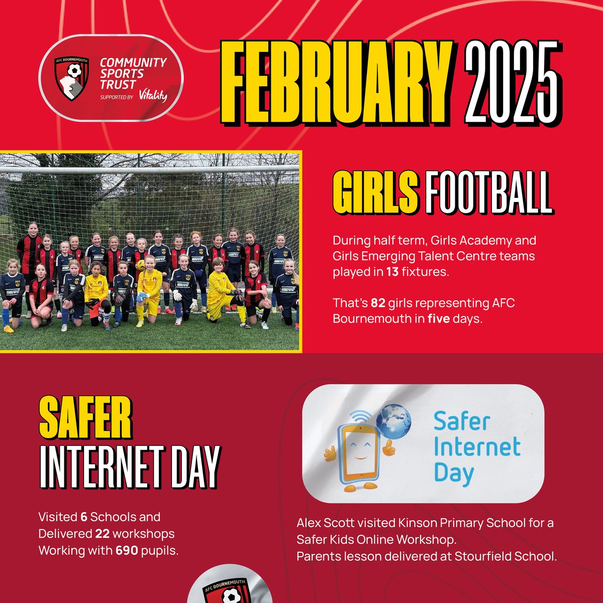 AFCBCommunity's tweet image. ⭐️Supporting #SaferInternetDay 
⭐️ Half Term Events 
⭐️Mini-Cherries and #PLInspires sessions 

It&apos;s been a very busy February, find out more ⤵️