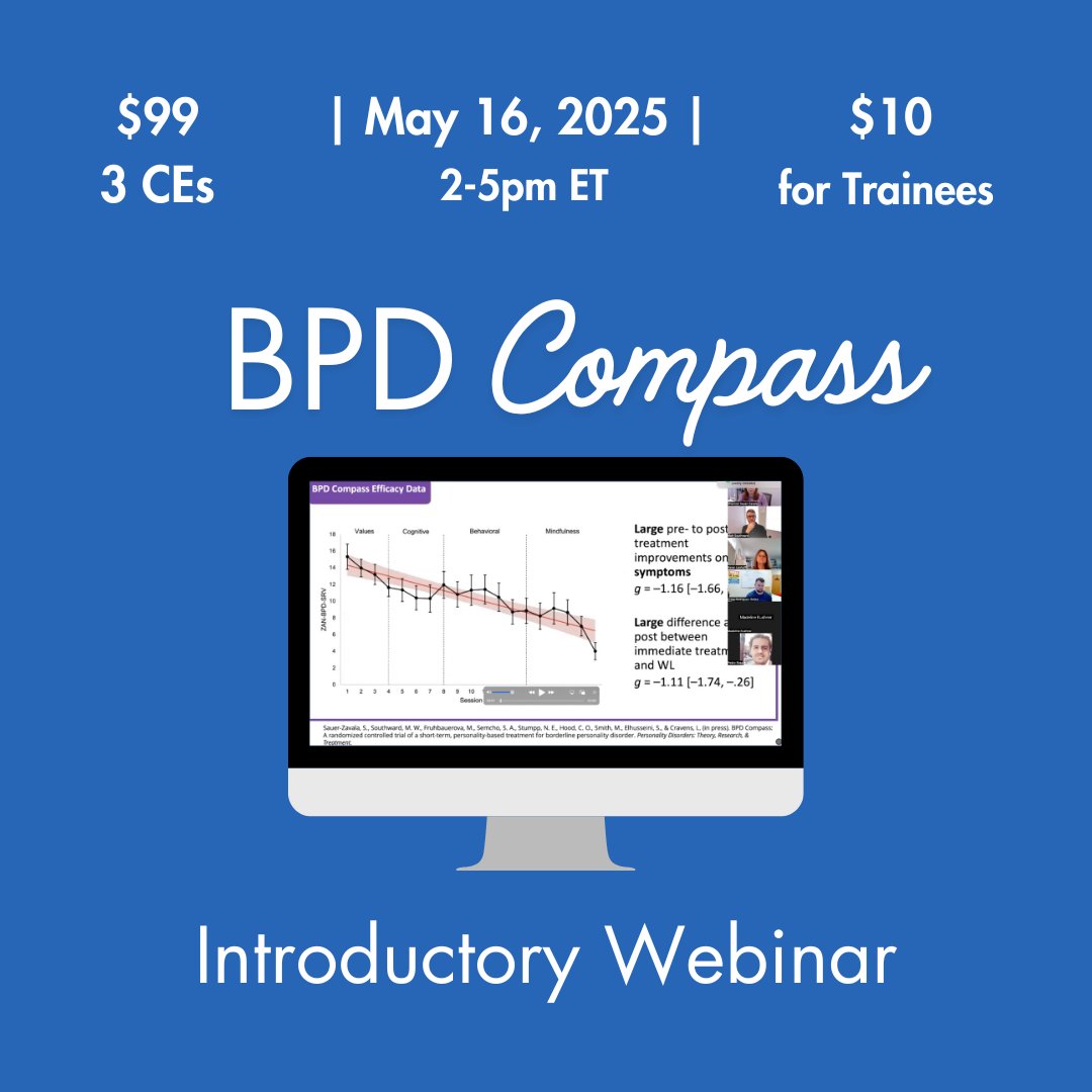 Shannon Sauer-Zavala, PhD (@sauerzavala) on Twitter photo ⭐️ NEWS! ⭐️
We've got an Introductory Webinar for BPD Compass coming up! Friday May 16th (2-5 ET). 
3 CEs for psychologists. Learn more & register: personality-compass.com/bpd-compass-in…
$99 for professionals, $10 for students with code TRAINEE    
Hope to see you there 📷 ⭐️ NEWS! ⭐️
We've got an Introductory Webinar for BPD Compass coming up! Friday May 16th (2-5 ET). 
3 CEs for psychologists. Learn more & register: personality-compass.com/bpd-compass-in…
$99 for professionals, $10 for students with code TRAINEE    
Hope to see you there 📷