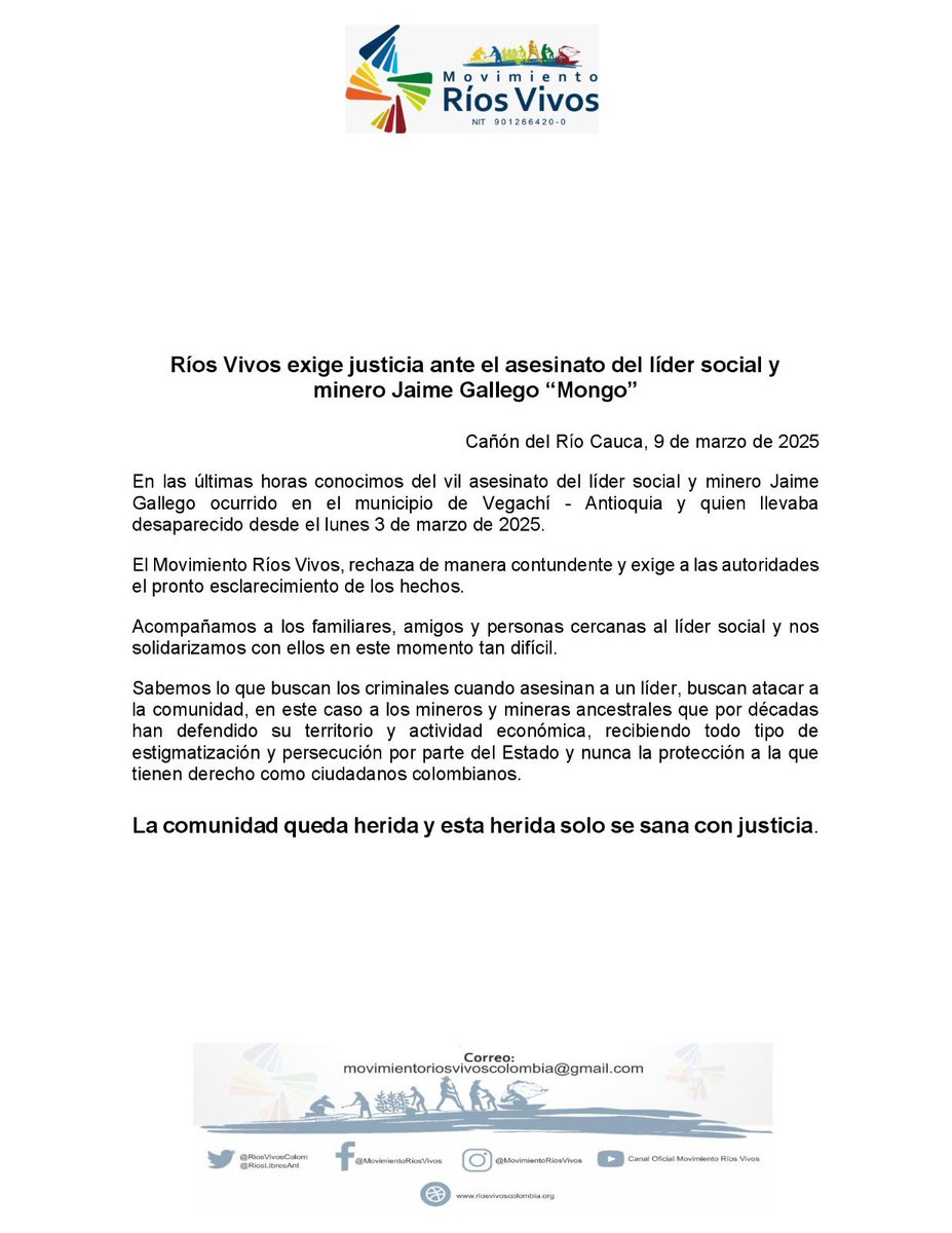 Ríos Vivos exige justicia ante el asesinato del líder social y
minero Jaime Gallego “Mongo”

bit.ly/43w1OYU
