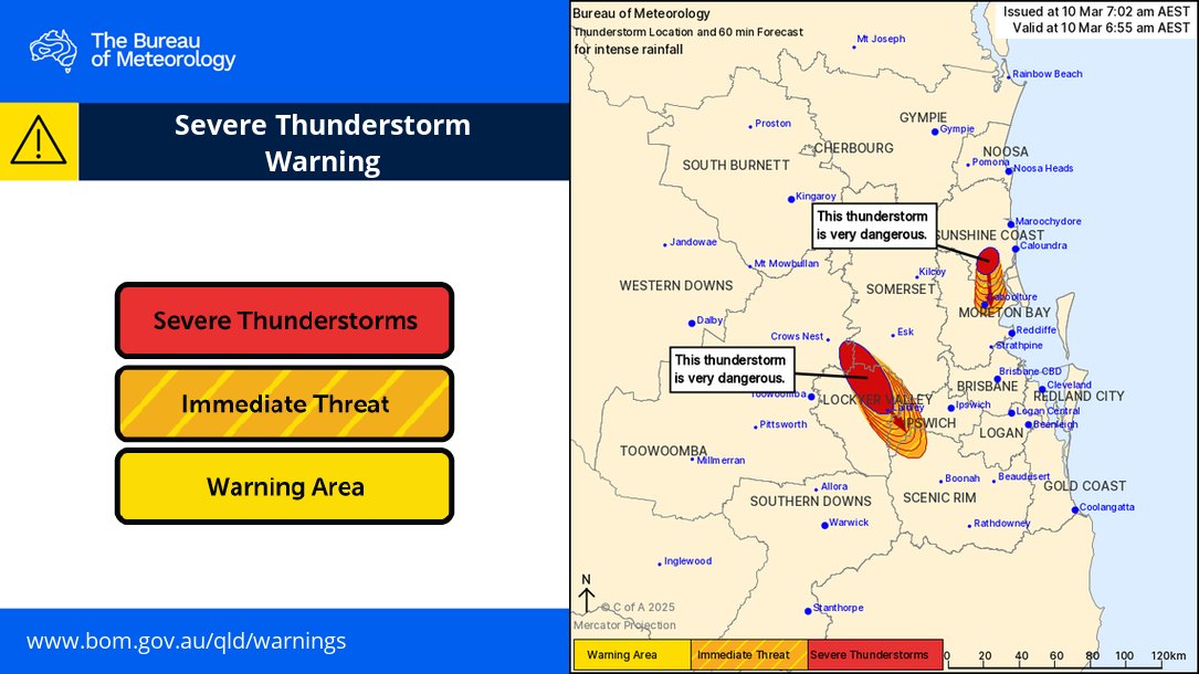 ⚠️⛈️ 7:02am: Severe Thunderstorm Warning for INTENSE #rainfall in parts of #Ipswich, #Somerset, #ScenicRim, #LockyerValley, #SunshineCoast, #MoretonBay and #Toowoomba Council Areas.

VERY DANGEROUS THUNDERSTORMS may cause life-threatening flash #flooding.

bom.gov.au/products/IDQ21…