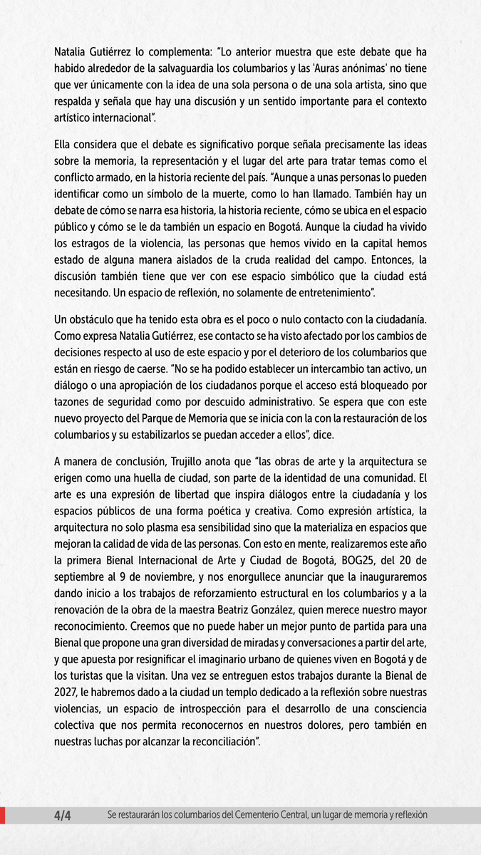 “Los columbarios del Cementerio Central de Bogotá, también conocido como el ‘cementerio de pobres’, se convirtió en 2009 en una de las obras de arte más importante del país. El anuncio del alcalde Carlos Fernando Galán para restaurarlos y construir allí un parque de memoria ha